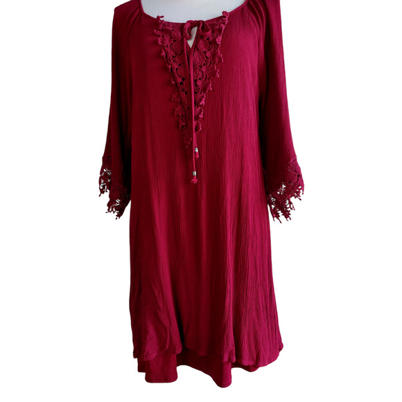 NAIF Womens Tie Keyhole Crochet Front Boho Dress Burgundy Medium 100% Rayon - Picture 3 of 13